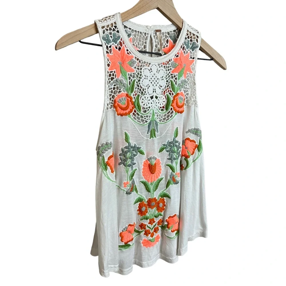 Free People Flower Power Embroidered Tank Top